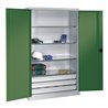 C+P Schwerlastschrank mit Drehtüren, 4 Böden und 3 Schübe, H1950xB1200xT500mm Front Resedagrün Korpus Lichtgrau