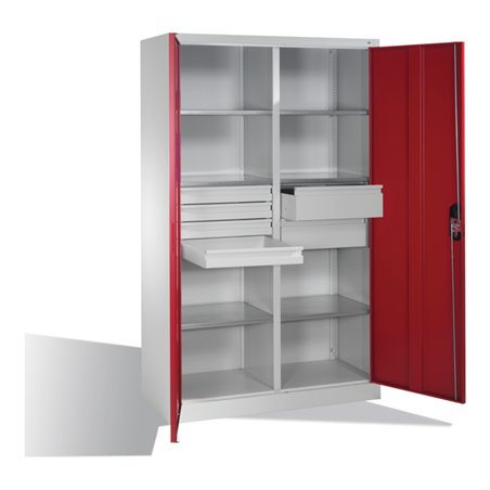 C+P Werkzeugschrank mit Drehtüren, 6 Böden, 6 Schübe, H1950xB1200xT500mm, Lichtgrau/Rubinrot