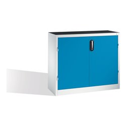C+P Werkzeug-Beistellschrank mit Drehtüren, 2 Böden und 3 Schübe, H1000xB1200xT400mm Front Lichtblau Korpus Lichtgrau