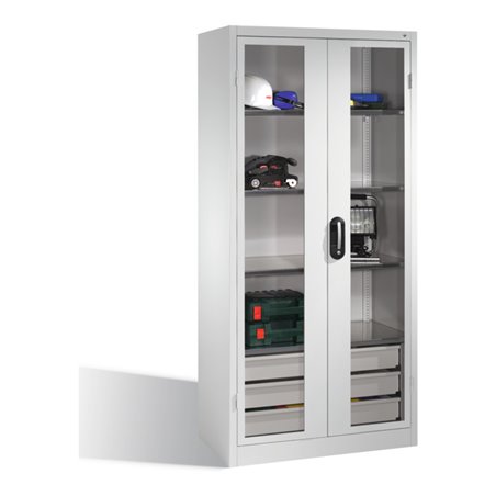 C+P Werkzeugschrank, Sichtfenster-Drehtüren, 4 Böden, 3 Schübe, H1950xB930xT500mm Front Lichtgrau Korpus Lichtgrau