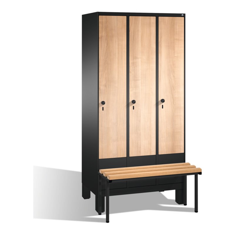 C+P Umkleidespind Evolo mit Sitzbank, 3 Abteile, H1850xB900xT500/815mm Korpus Schwarzgrau