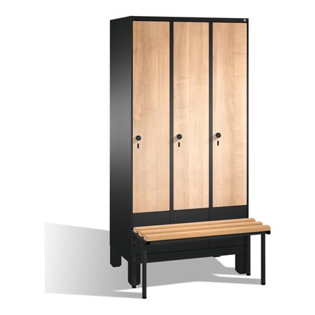 C+P Umkleidespind Evolo mit Sitzbank, 3 Abteile, H1850xB900xT500/815mm Korpus Schwarzgrau