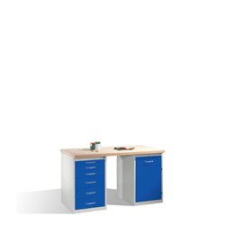 C+P Werkbank mit Multiplexplatte und 2 Standschränken, H835xB1500xT700mm Front Enzianblau Korpus Lichtgrau