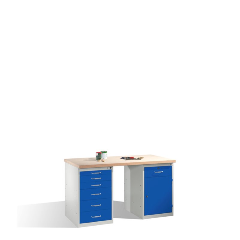 C+P Werkbank mit Multiplexplatte und 2 Standschränken, H835xB1500xT700mm Front Enzianblau Korpus Lichtgrau