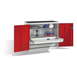 C+P Werkzeug-Beistellschrank mit Drehtüren, 2 Böden und 3 Schübe, H1000xB1200xT500mm Front Enzianblau Korpus Lichtgrau