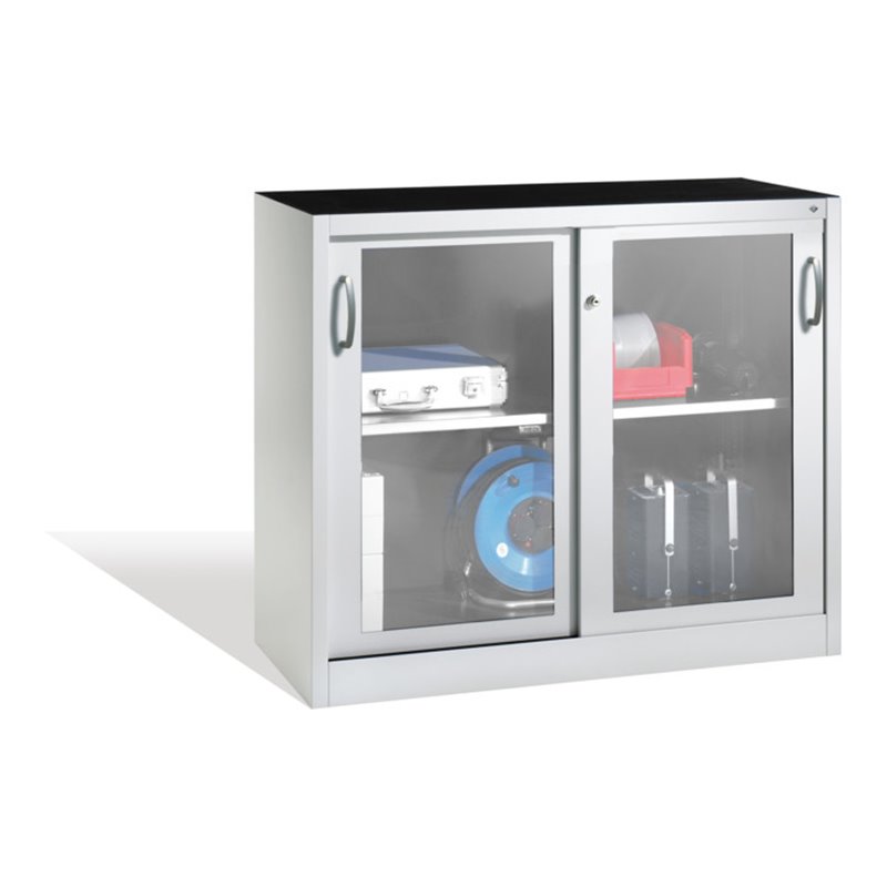 C+P Werkzeugschrank mit Sichtfenster-Schiebetüren, 1 Boden, H1000xB1200xT500mm Front Lichtgrau Korpus Lichtgrau