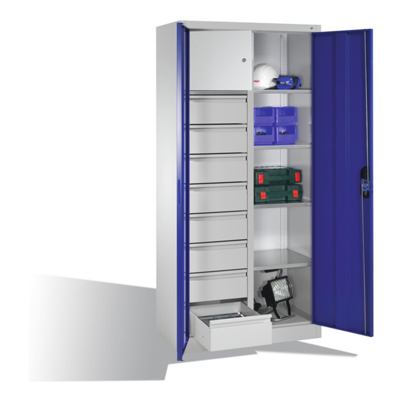 C+P Werkzeugschrank mit Drehtüren, 4 Böden, 8 Schübe, Wertfach, H1950xB930xT500mm Front Enzianblau Korpus Lichtgrau