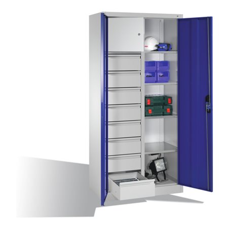 C+P Werkzeugschrank mit Drehtüren, 4 Böden, 8 Schübe, Wertfach, H1950xB930xT500mm Front Enzianblau Korpus Lichtgrau
