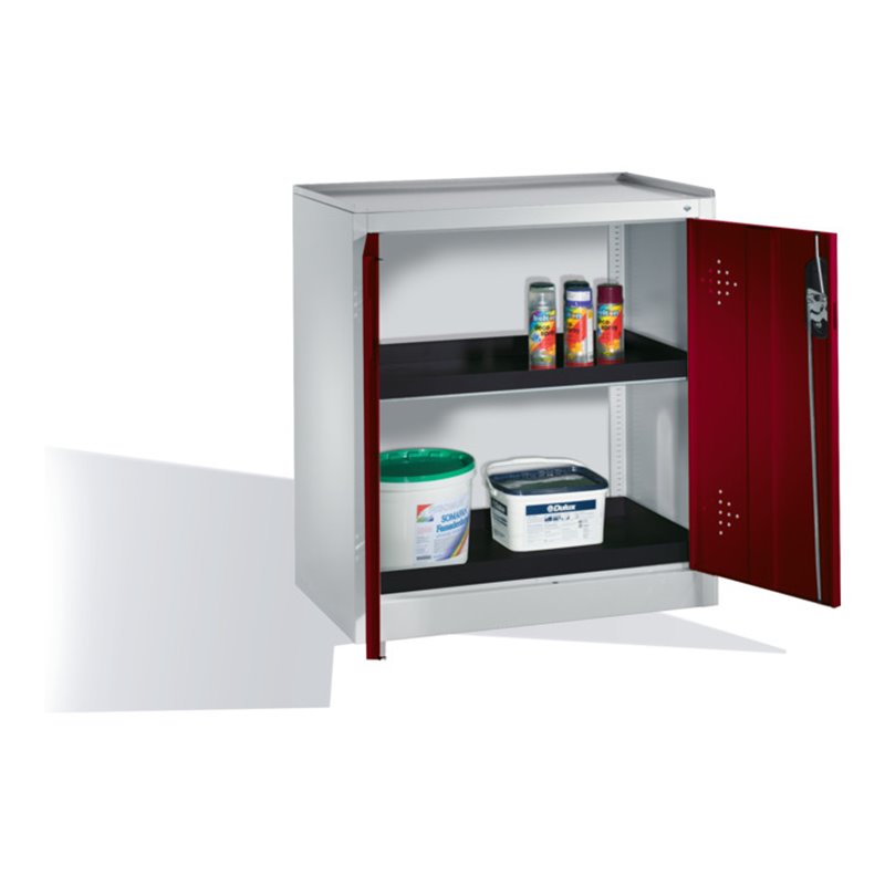 C+P Umwelt-Beistellschrank mit Drehtüren, 2 Polyethylen-Wannen, H1020xB930xT500mm Front Rubinrot Korpus Lichtgrau