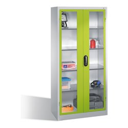 C+P Werkzeugschrank mit Sichtfenster-Drehtüren, innen 4 Böden, H1950xB930xT500mm Front Viridingrün Korpus Lichtgrau