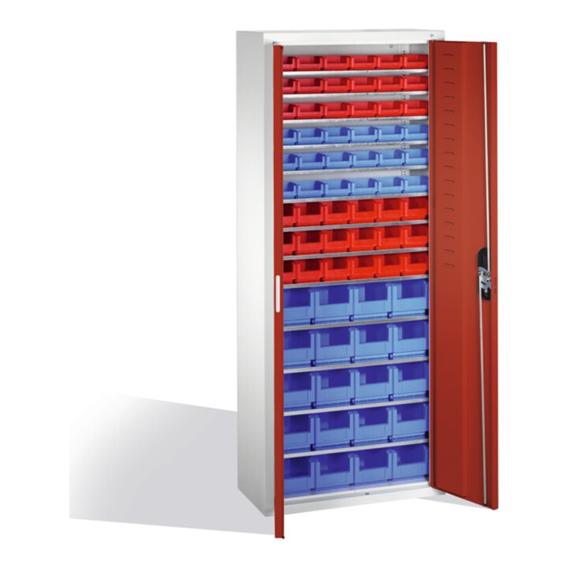 C+P Magazinschrank mit 74 Sichtlagerkästen, H1690xB700xT300mm Front Rubinrot Korpus Lichtgrau