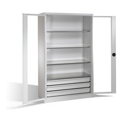 C+P Werkzeugschrank, Sichtfenster-Drehtüren, 4 Böden, 3 Schübe, H1950xB1200xT500mm Front Lichtgrau Korpus Lichtgrau