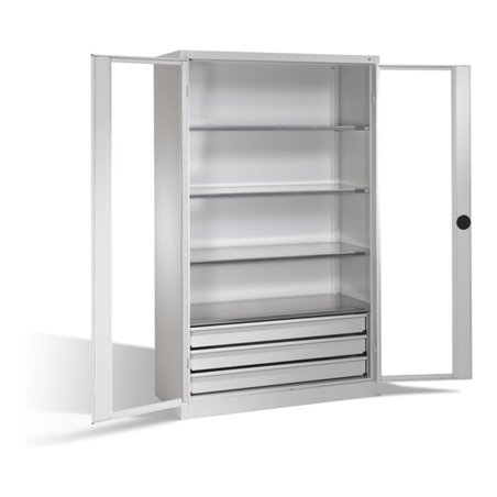 C+P Werkzeugschrank, Sichtfenster-Drehtüren, 4 Böden, 3 Schübe, H1950xB1200xT500mm Front Lichtgrau Korpus Lichtgrau