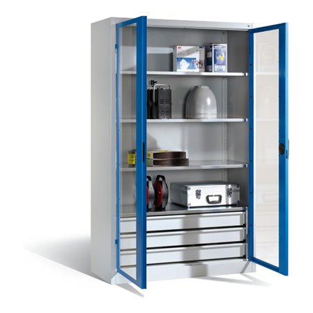 C+P Werkzeugschrank, Sichtfenster-Drehtüren, 4 Böden, 3 Schübe, H1950xB930xT500mm Front Enzianblau Korpus Lichtgrau
