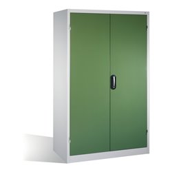 C+P Schwerlastschrank mit Drehtüren, 4 Böden und 3 Schübe, H1950xB1200xT600mm Front Resedagrün Korpus Lichtgrau