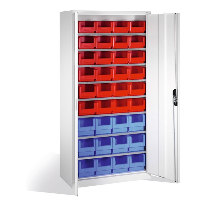 C+P Magazinschrank mit 26 Sichtlagerkästen, H1980xB1000xT420mm Front Lichtgrau Korpus Lichtgrau