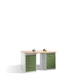 C+P Werkbank mit Multiplexplatte und 2 Standschränken, H835xB1500xT700mm Front Resedagrün Korpus Lichtgrau