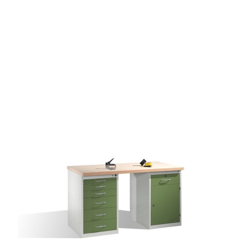 C+P Werkbank mit Multiplexplatte und 2 Standschränken, H835xB1500xT700mm Front Resedagrün Korpus Lichtgrau