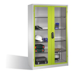 C+P Werkzeugschrank mit Sichtfenster-Drehtüren, innen 4 Böden, H1950xB1200xT500mm Front Viridingrün Korpus Lichtgrau