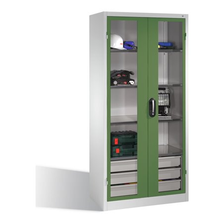 C+P Werkzeugschrank, Sichtfenster-Drehtüren, 4 Böden, 3 Schübe, H1950xB930xT500mm Front Resedagrün Korpus Lichtgrau