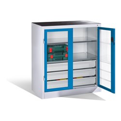 C+P Werkzeugschrank, Sichtfenster-Drehtüren, 2 Böden, 3 Schübe, H1000xB930xT500mm Front Lichtblau Korpus Lichtgrau