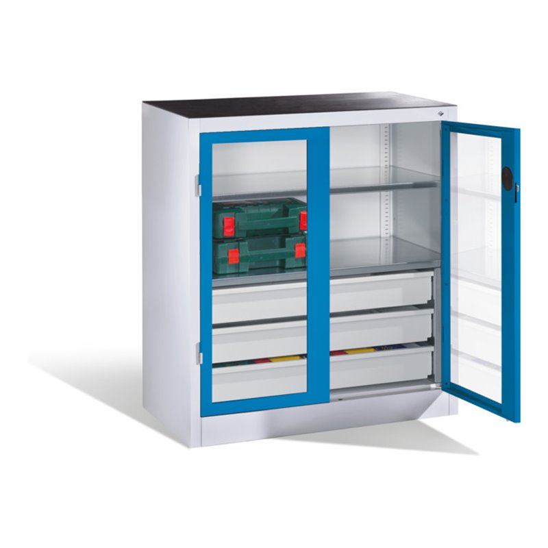 C+P Werkzeugschrank, Sichtfenster-Drehtüren, 2 Böden, 3 Schübe, H1000xB930xT500mm Front Lichtblau Korpus Lichtgrau