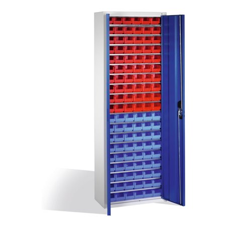 C+P Magazinschrank mit 114 Sichtlagerkästen, H1980xB700xT300mm Front Enzianblau Korpus Lichtgrau