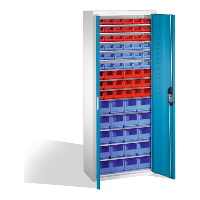C+P Magazinschrank mit 74 Sichtlagerkästen, H1690xB700xT300mm Front Lichtblau Korpus Lichtgrau