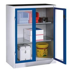 C+P Werkzeug-Beistellschrank mit Sichtfenster-Drehtüren, 2 Böden, H1200xB930xT500mm Front Enzianblau Korpus Lichtgrau