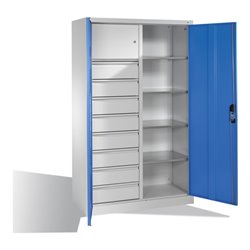 C+P Werkzeugschrank mit Drehtüren, 4 Böden, 8 Schübe, Wertfach, H1950xB1200xT500mm Front Lichtblau Korpus Lichtgrau