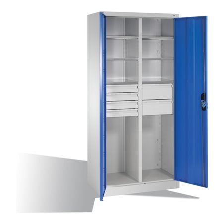 C+P Werkzeugschrank mit Drehtüren, 6 Böden, 6 Schübe, H1950xB930xT500mm Front Lichtblau Korpus Lichtgrau