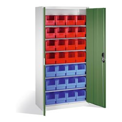 C+P Magazinschrank mit 28 Sichtlagerkästen, H1980xB1000xT420mm Front Resedagrün Korpus Lichtgrau
