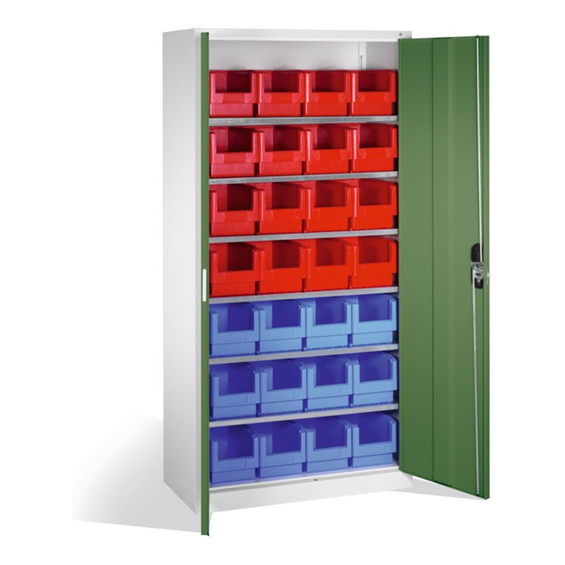 C+P Magazinschrank mit 28 Sichtlagerkästen, H1980xB1000xT420mm Front Resedagrün Korpus Lichtgrau