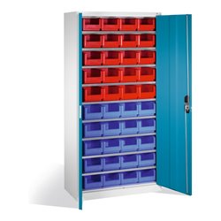 C+P Magazinschrank mit 40 Sichtlagerkästen, H1980xB1000xT420mm Front Lichtblau Korpus Lichtgrau