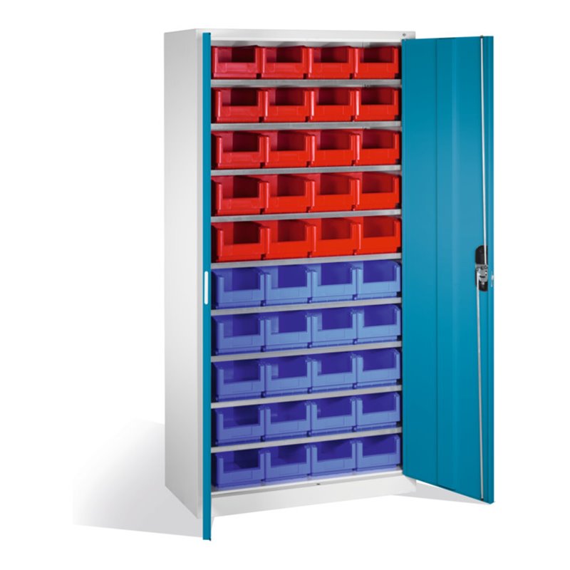 C+P Magazinschrank mit 40 Sichtlagerkästen, H1980xB1000xT420mm Front Lichtblau Korpus Lichtgrau
