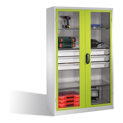 C+P Werkzeugschrank, Sichtfenster-Drehtüren, 4 Böden, 3 Schübe, H1950xB1200xT500mm Front Viridingrün Korpus Lichtgrau