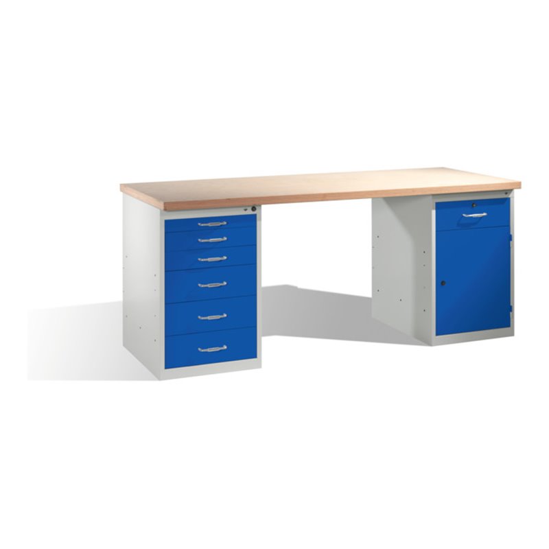 C+P Werkbank mit Multiplexplatte und 2 Standschränken, H835xB2000xT700mm Front Enzianblau Korpus Lichtgrau