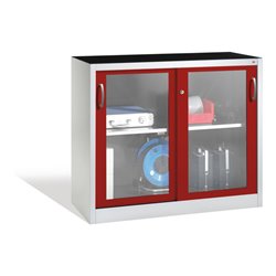 C+P Werkzeugschrank mit Sichtfenster-Schiebetüren, 1 Boden, H1000xB1200xT500mm Front Rubinrot Korpus Lichtgrau