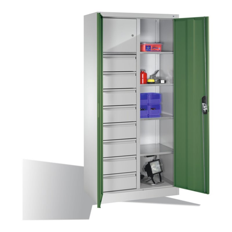 C+P Werkzeugschrank mit Drehtüren, 4 Böden, 8 Schübe, Wertfach, H1950xB930xT500mm Front Resedagrün Korpus Lichtgrau