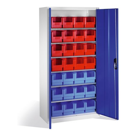 C+P Magazinschrank mit 28 Sichtlagerkästen, H1980xB1000xT420mm Front Enzianblau Korpus Lichtgrau