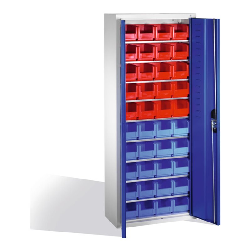 C+P Magazinschrank mit 40 Sichtlagerkästen, H1690xB700xT300mm Front Enzianblau Korpus Lichtgrau