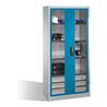 C+P Werkzeugschrank, Sichtfenster-Drehtüren, 4 Böden, 3 Schübe, H1950xB930xT500mm Front Lichtblau Korpus Lichtgrau