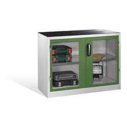 C+P Werkzeug-Beistellschrank mit Sichtfenster-Drehtüren, 1 Boden, H1000xB1200xT500mm Front Resedagrün Korpus Lichtgrau