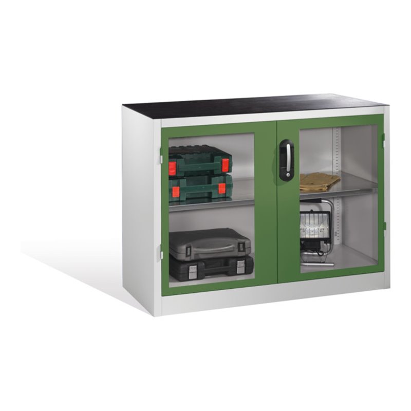 C+P Werkzeug-Beistellschrank mit Sichtfenster-Drehtüren, 1 Boden, H1000xB1200xT500mm Front Resedagrün Korpus Lichtgrau