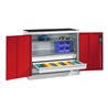 C+P Werkzeug-Beistellschrank mit Drehtüren, 2 Böden und 3 Schübe, H1000xB1200xT500mm Front Rubinrot Korpus Lichtgrau