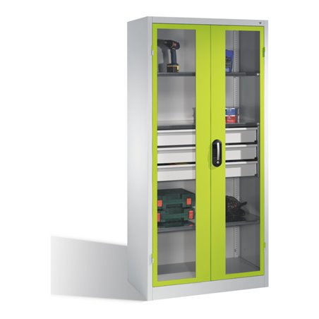 C+P Werkzeugschrank, Sichtfenster-Drehtüren, 3 Böden, 3 Schübe, H1950xB930xT500mm Front Viridingrün Korpus Lichtgrau