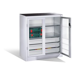 C+P Werkzeugschrank, Sichtfenster-Drehtüren, 2 Böden, 3 Schübe, H1000xB930xT500mm Front Lichtgrau Korpus Lichtgrau