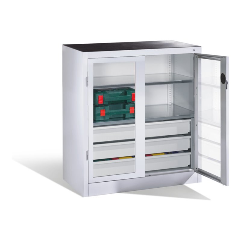 C+P Werkzeugschrank, Sichtfenster-Drehtüren, 2 Böden, 3 Schübe, H1000xB930xT500mm Front Lichtgrau Korpus Lichtgrau