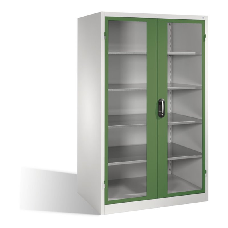 C+P Werkzeugschrank XXL mit Sichtfenster-Drehtüren, 4 Böden, H1950xB1200xT800mm Front Resedagrün Korpus Lichtgrau