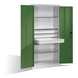 C+P Werkzeugschrank mit Drehtüren, 3 Böden und 3 Schübe, H1950xB930xT500mm Front Resedagrün Korpus Lichtgrau